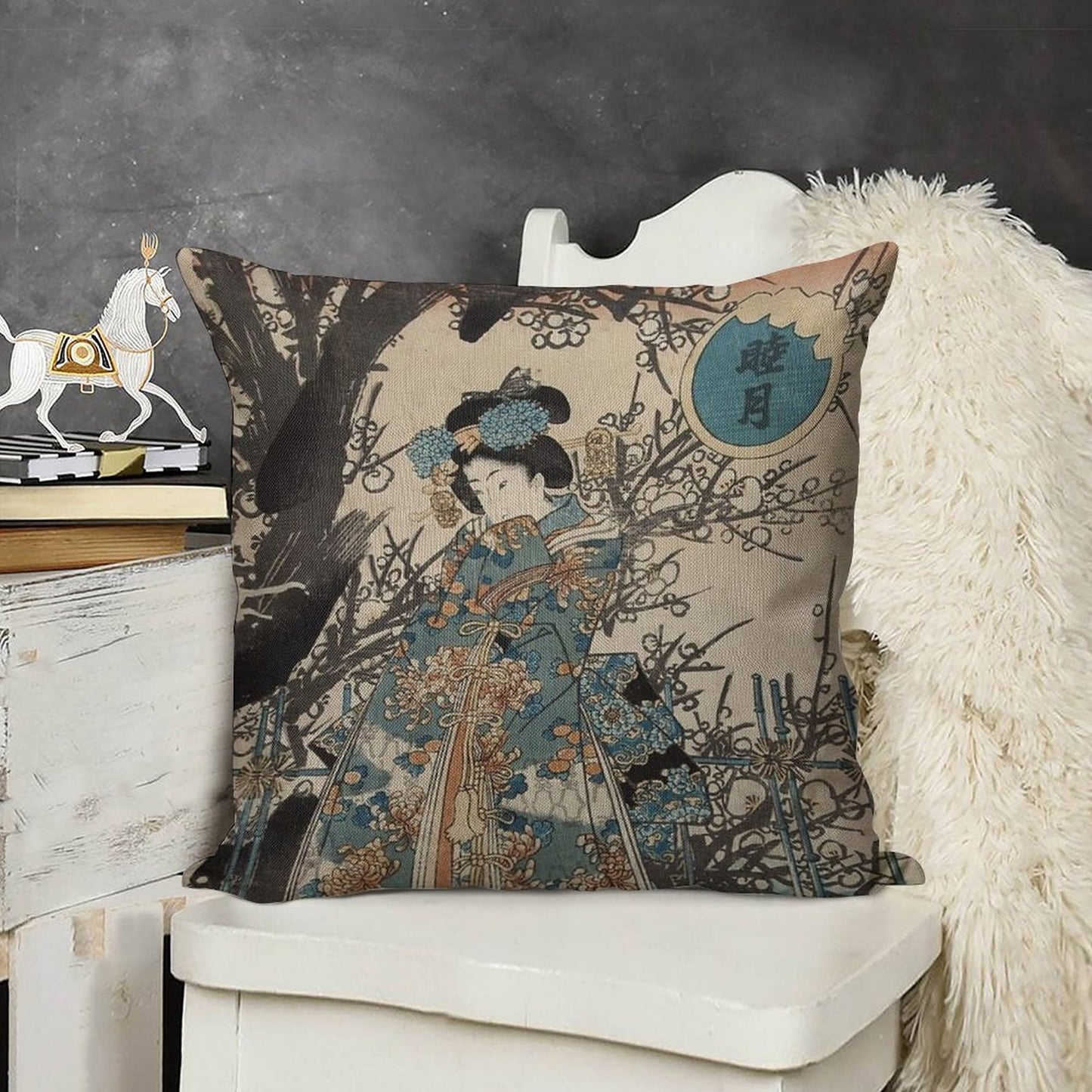 Classic Vintage Ukiyo-e Japanese Art Geisha Portrait Linen Throw Pillow Cover