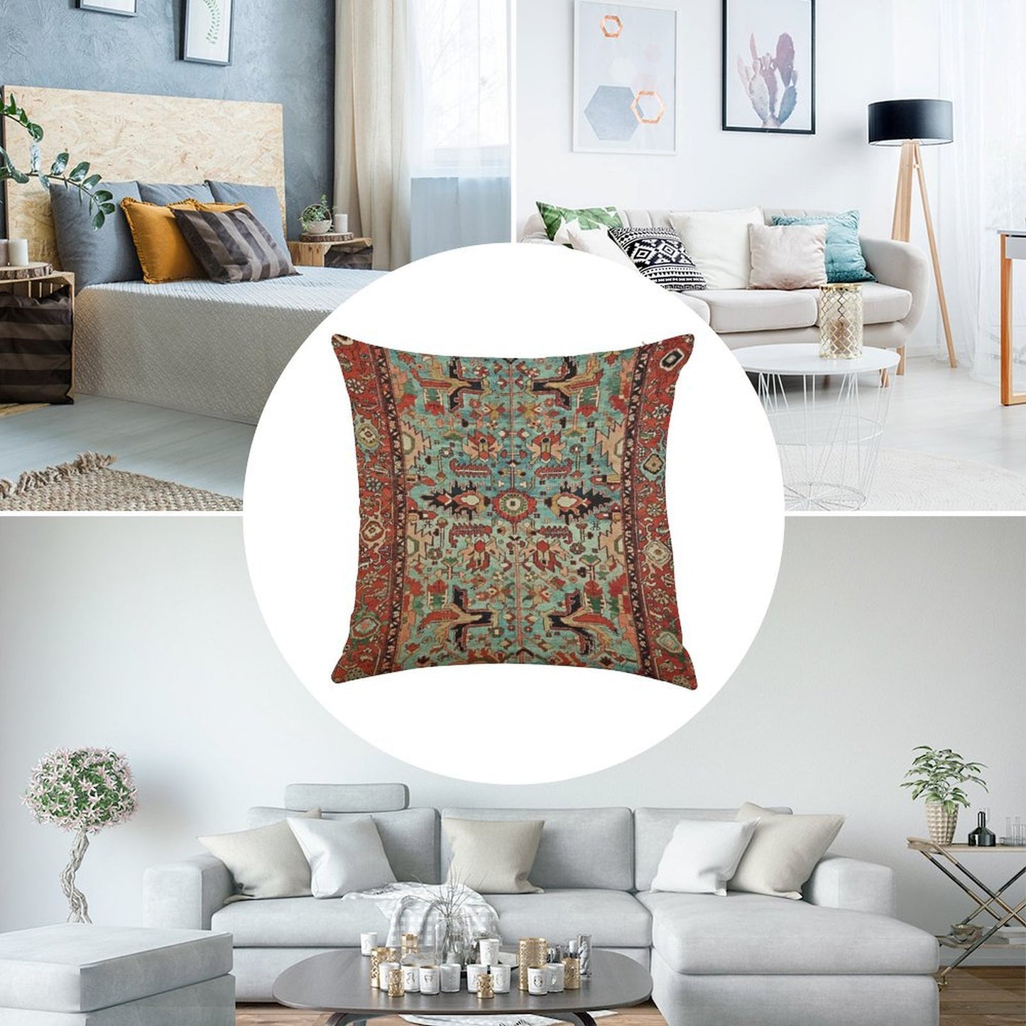 Antique Heriz Persian Carpet Print Linen Throw Pillow Cover