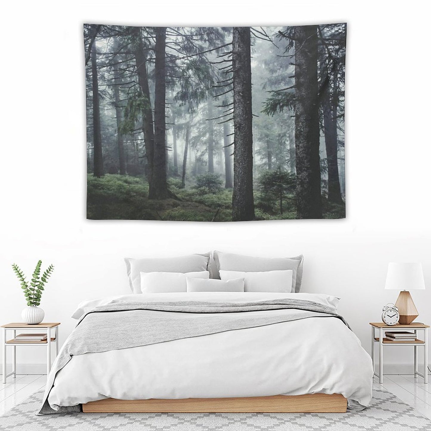 Path Vibes Wild Romantic Misty Retro Fall Wilderness Fairytale Forest With Cascadia Trees Covered In Magic Blue Fog Season Tapestry