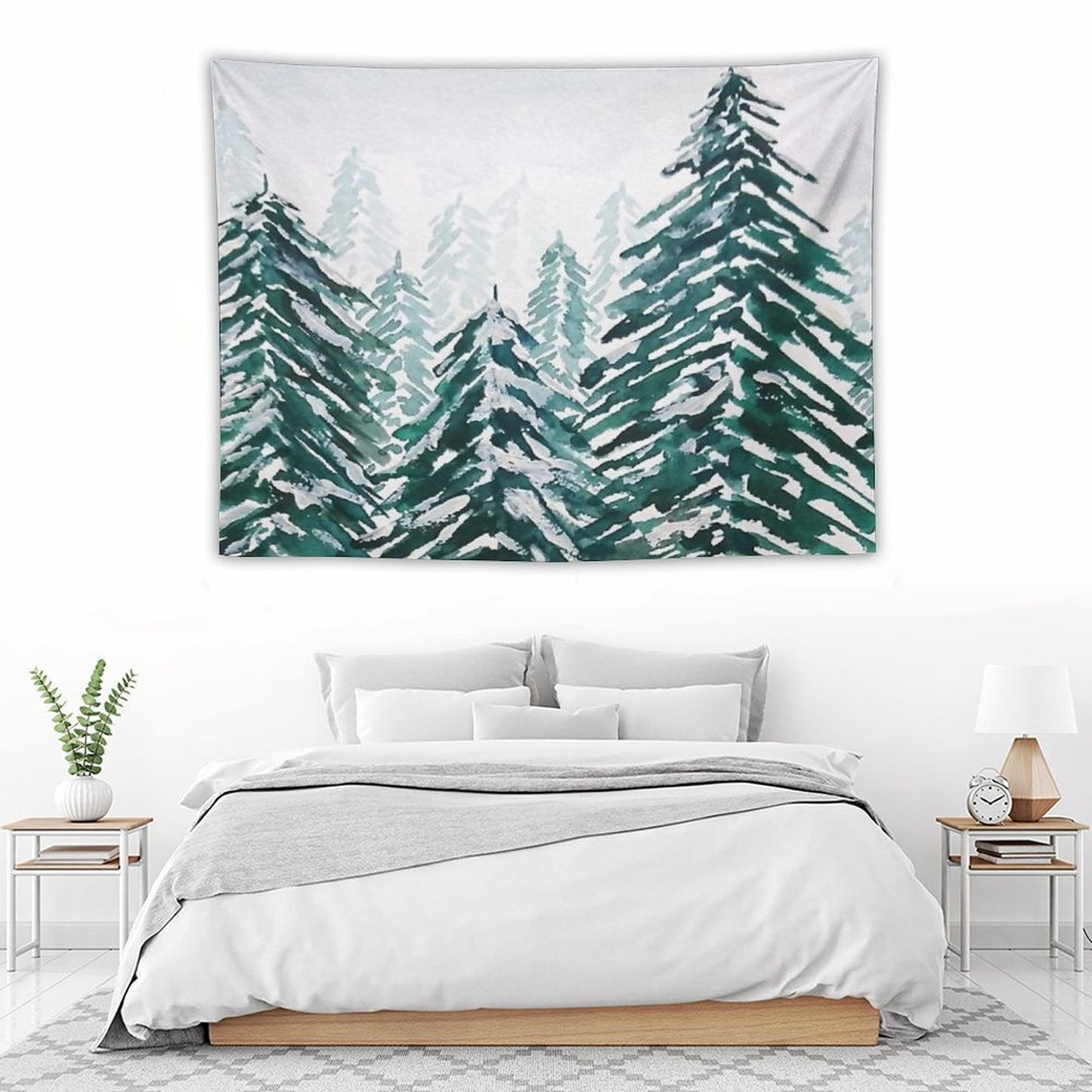 Hand Painted Snowy Pine Forest Green Tapestry