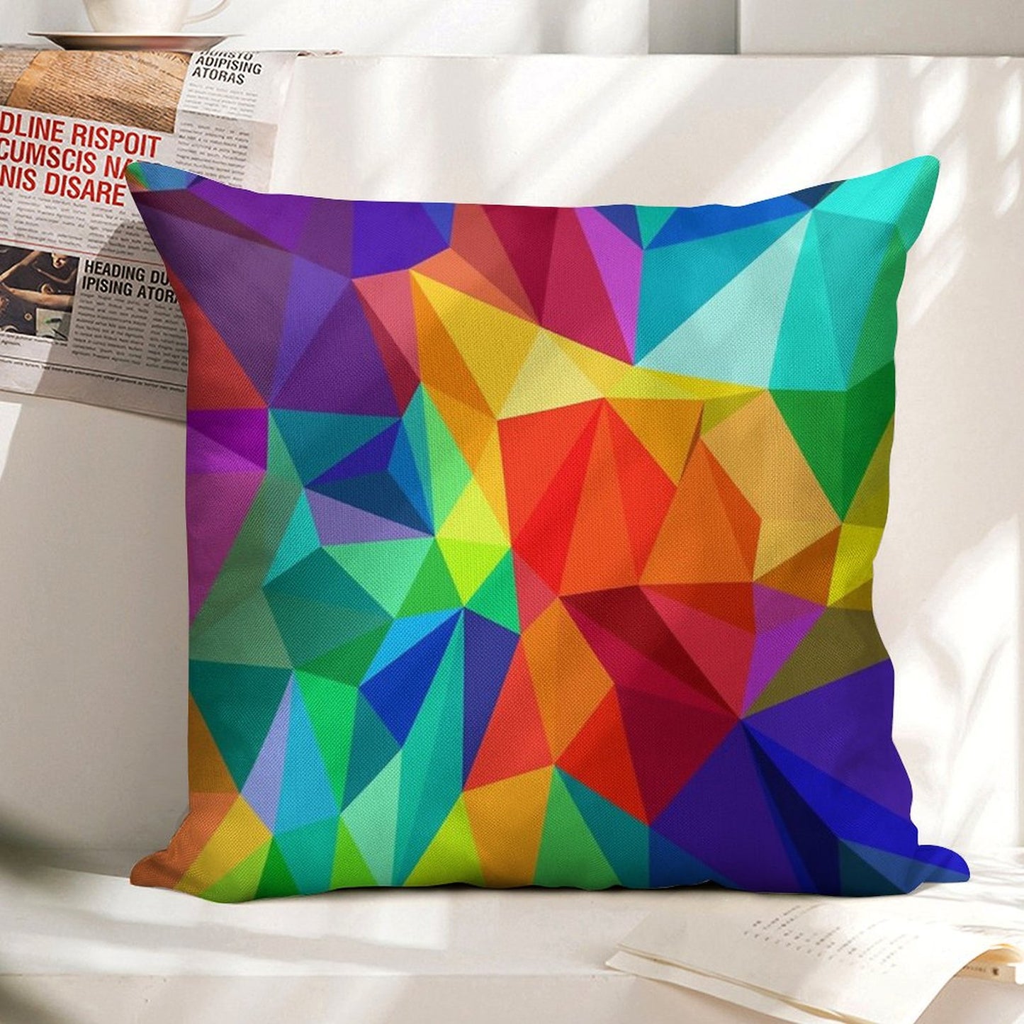 Bright Colorful Geometric Rainbow Design Linen Throw Pillow Cover