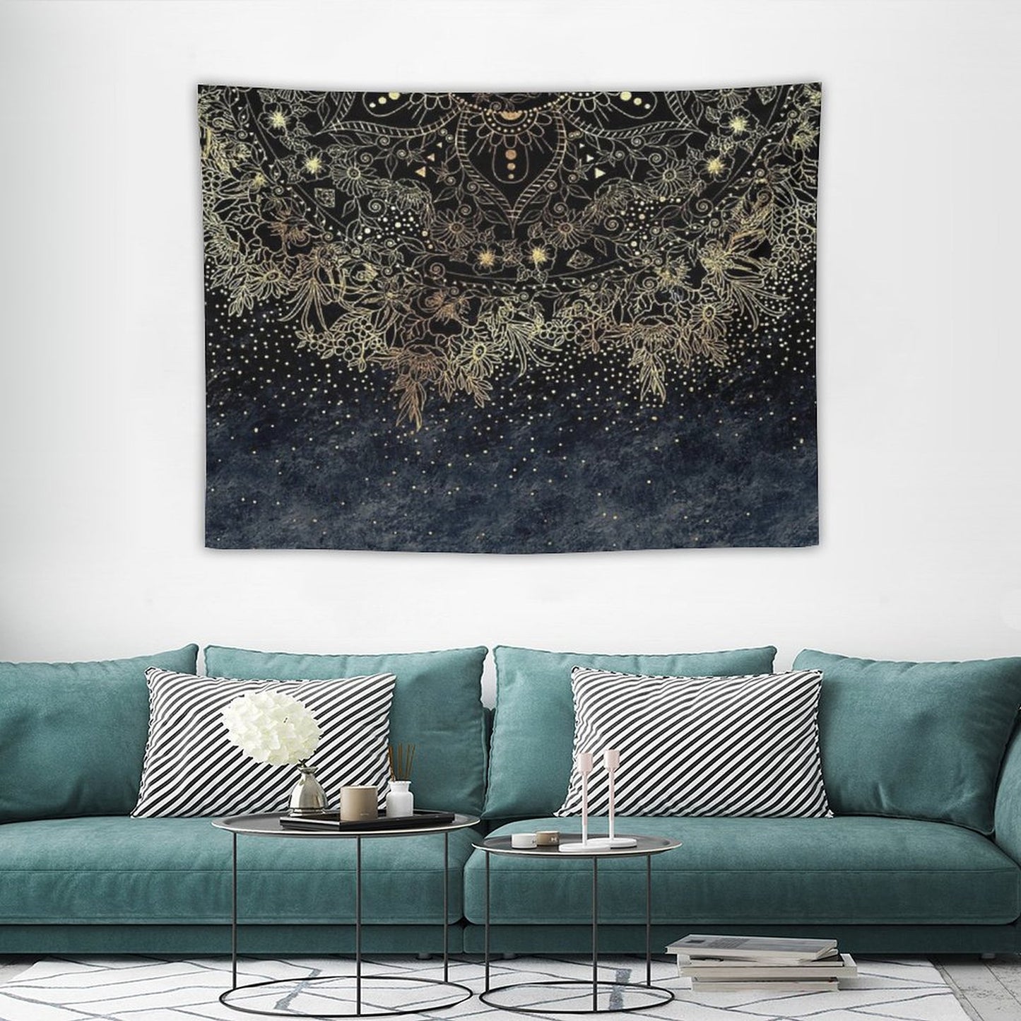 Blue Gold Mandala Floral Tapestry