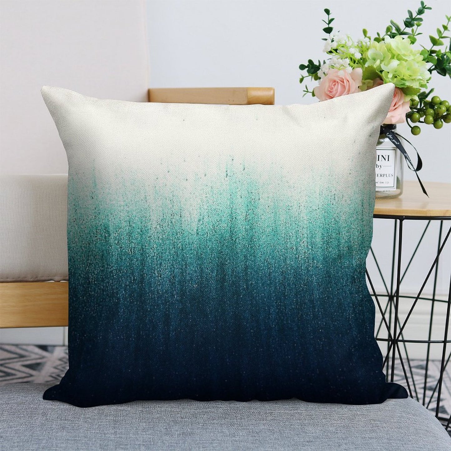 Teal Ombre Linen Throw Pillow Cover