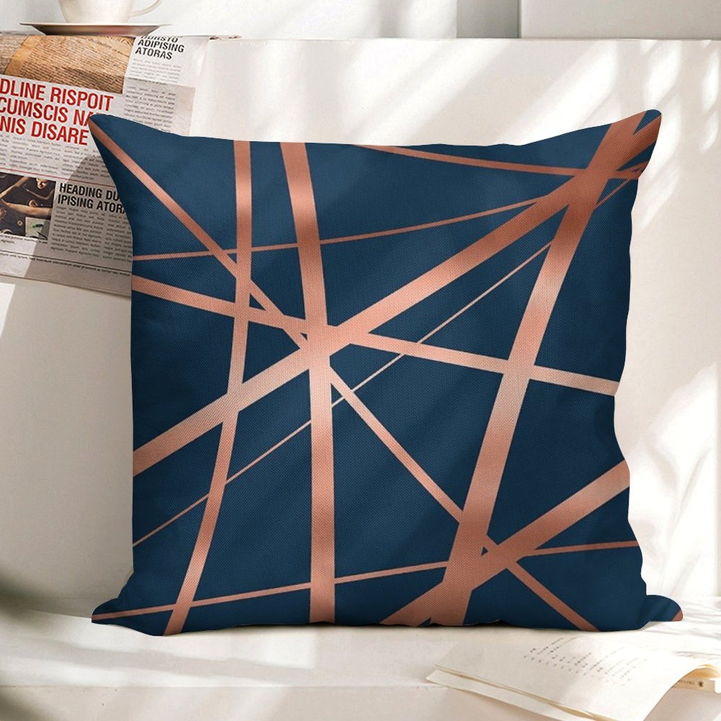 Navy Rose Gold Luxe Linen Throw Pillow Cover
