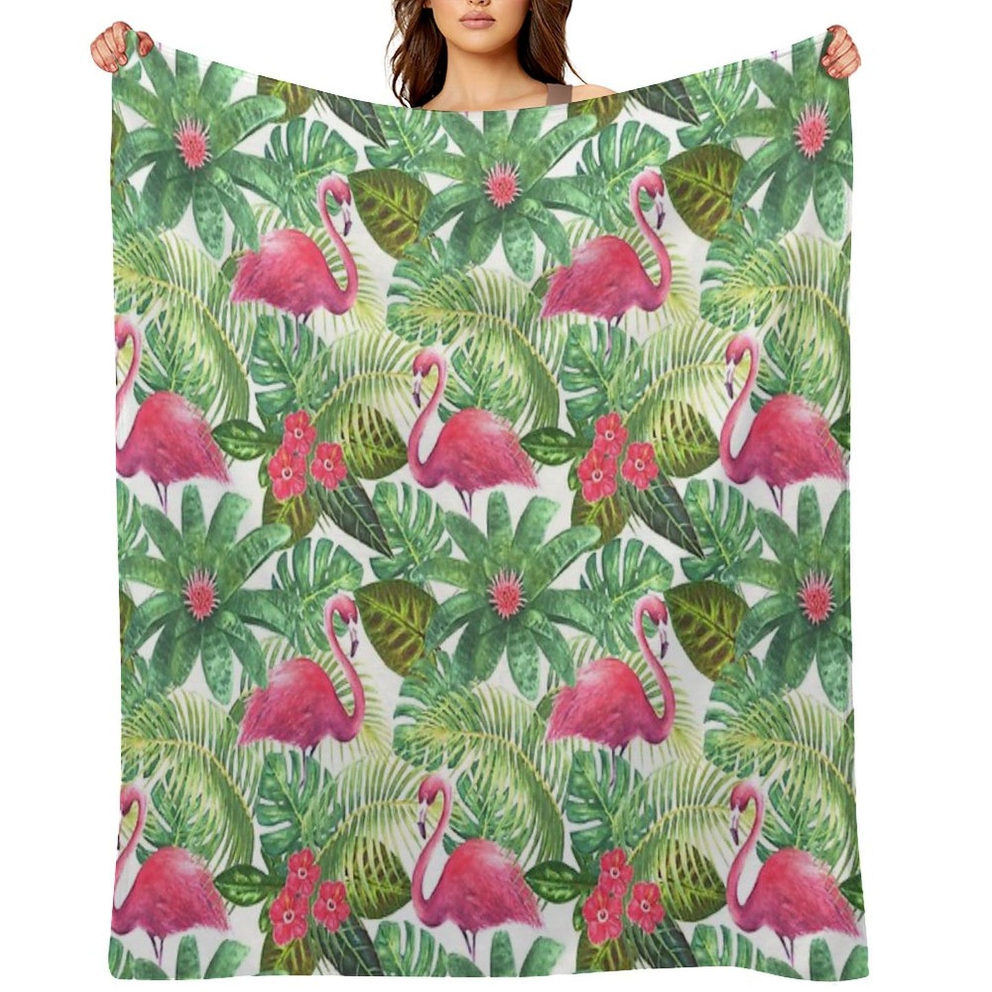 Tropical Exotic Seamless Pattern with Pink Flamingos on White Background Throw Blanket