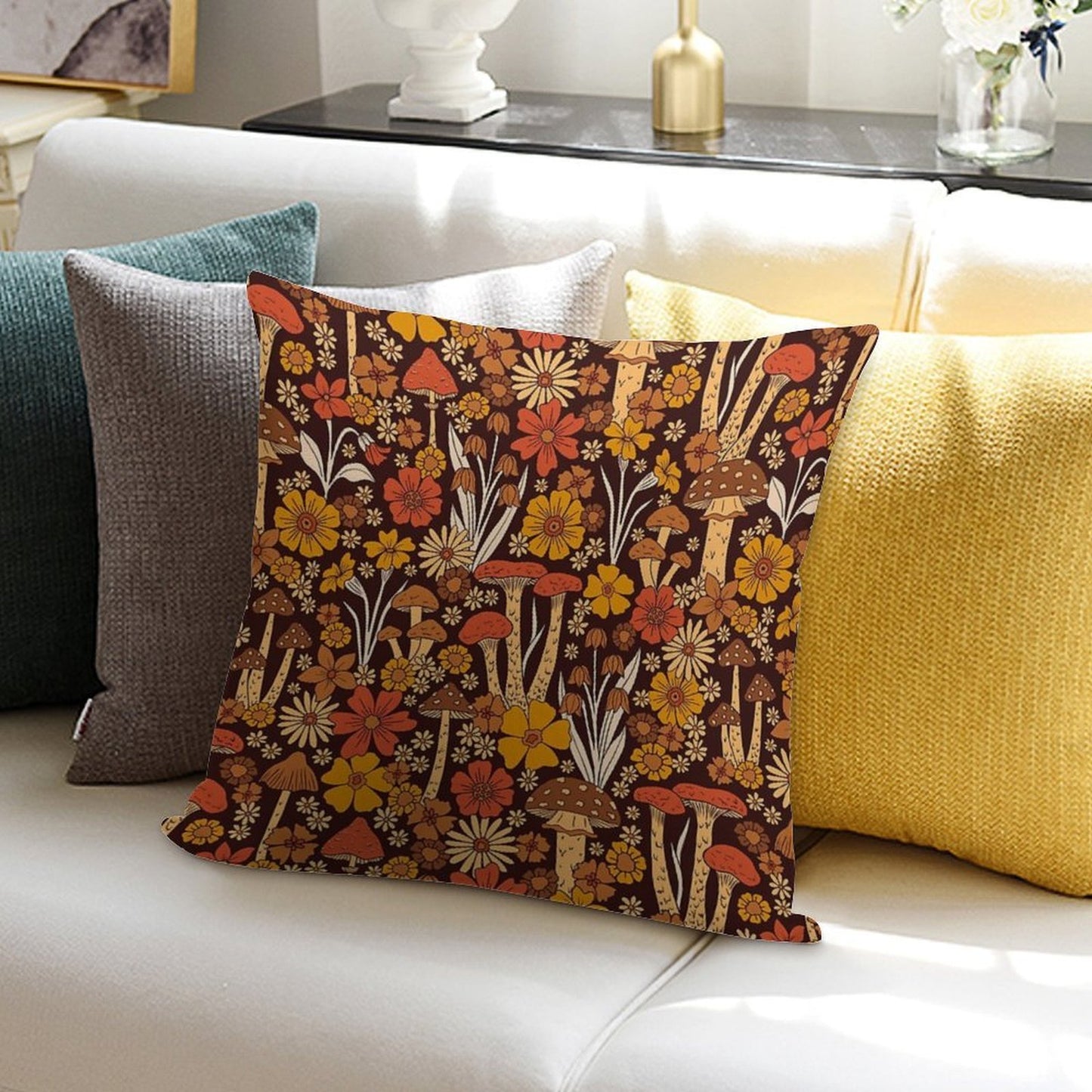 Retro 1970s Brown & Orange Mushrooms & Flowers Soft Anti-Pilling Throw Pillow