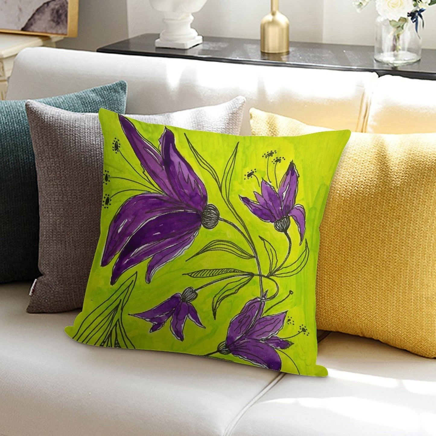 Botanical Lime Green And Purple Soft Easy Maintenance Throw Pillow