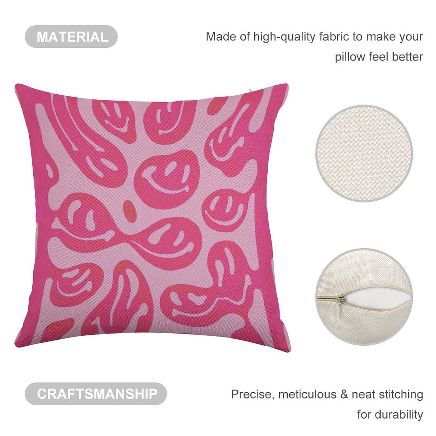 Hot Pink Melted Smiley Face Psychedelic Pattern Linen Throw Pillow Cover