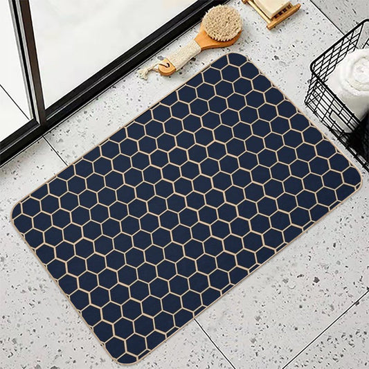 Geometric Light Yellow And Dark Blue Honeycomb Pattern Bath Mat