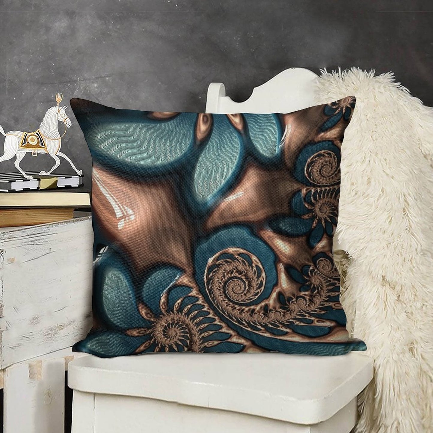 Teal And Chocolate Swirl - Blue Brown Fractal Spirals Linen Throw Pillow Cover