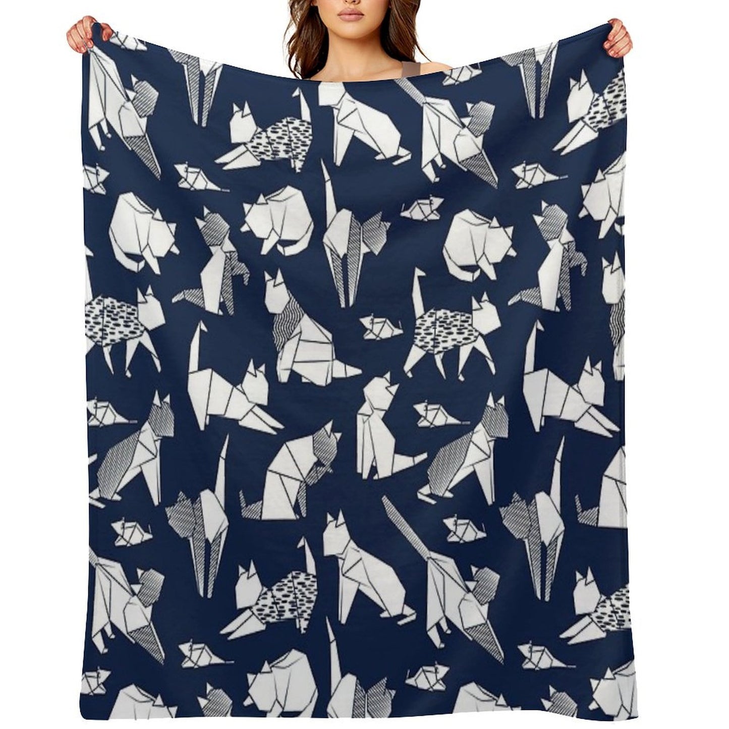 Origami Kitten Friends Blue Navy Background Paper Cats Throw Blanket