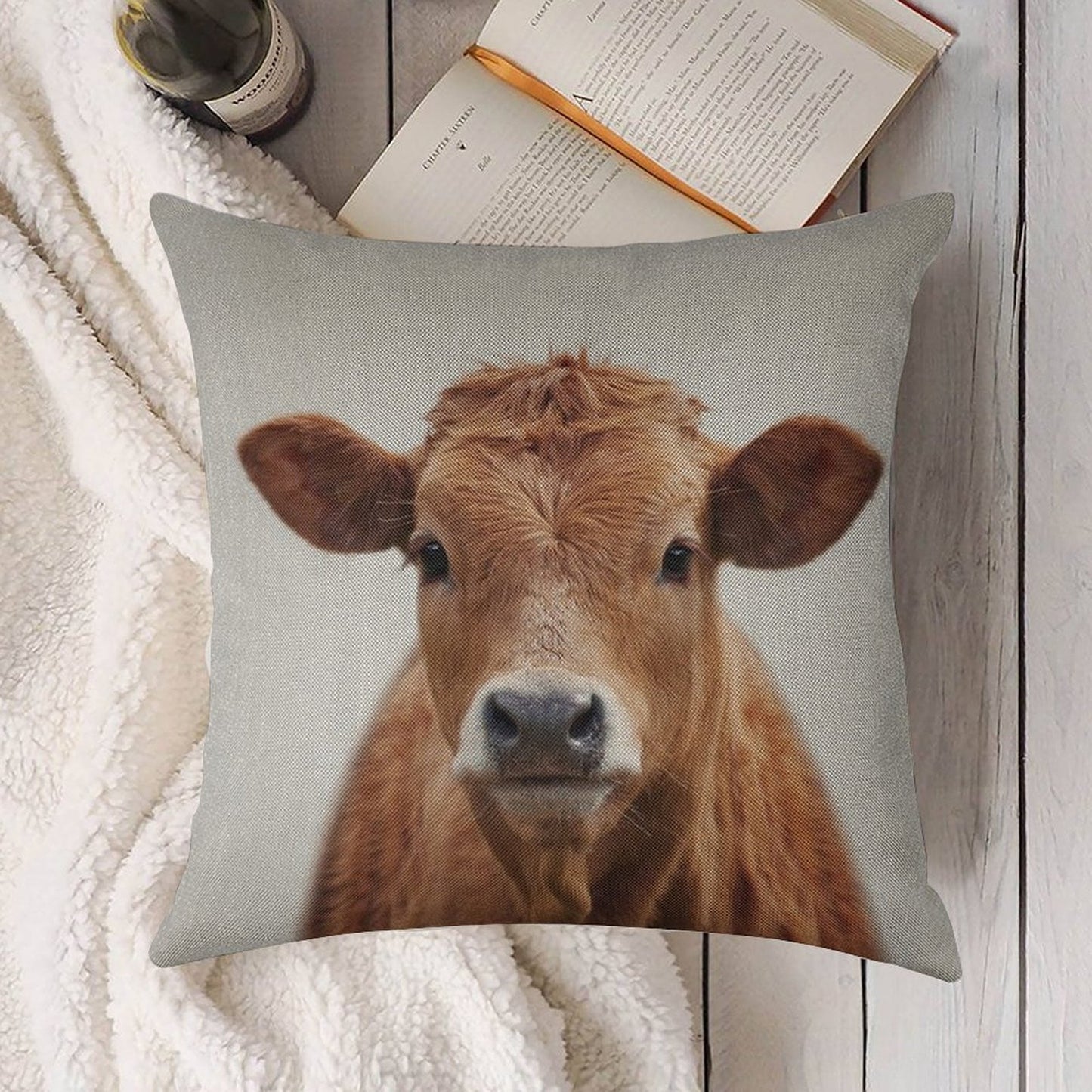 Cow - Colorful Linen Throw Pillow Cover