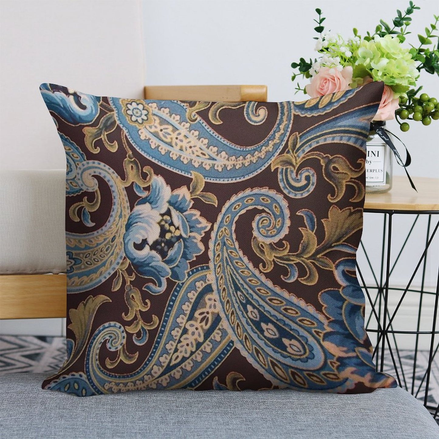 Blue Brown Vintage Paisley Linen Throw Pillow Cover