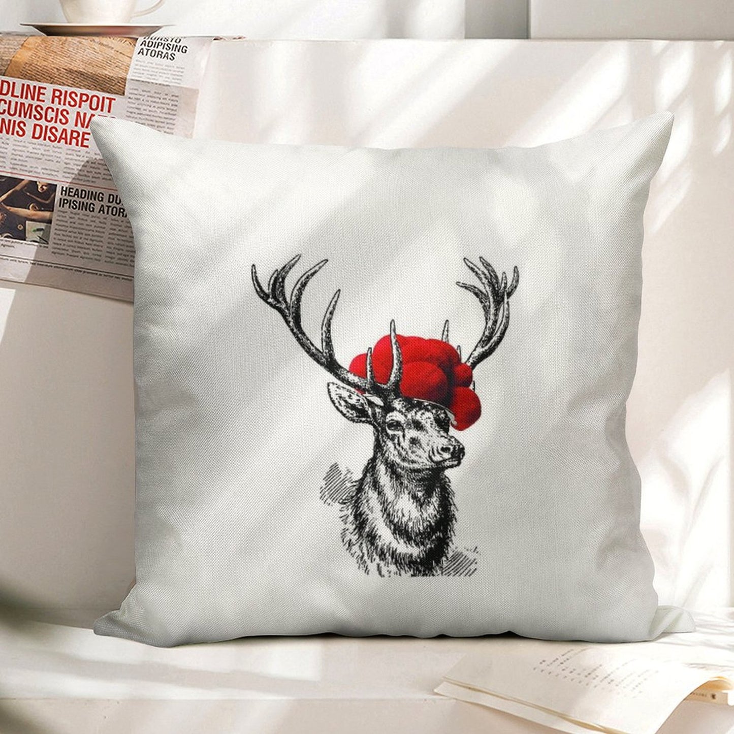 Deer with A Pollen Hat Linen Throw Pillow Cover