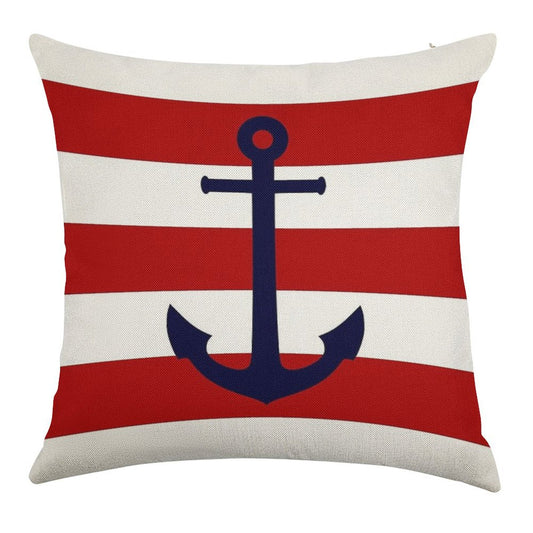 Nautical Navy Blue Anchor On Red Stripes Linen Throw Pillow Cover