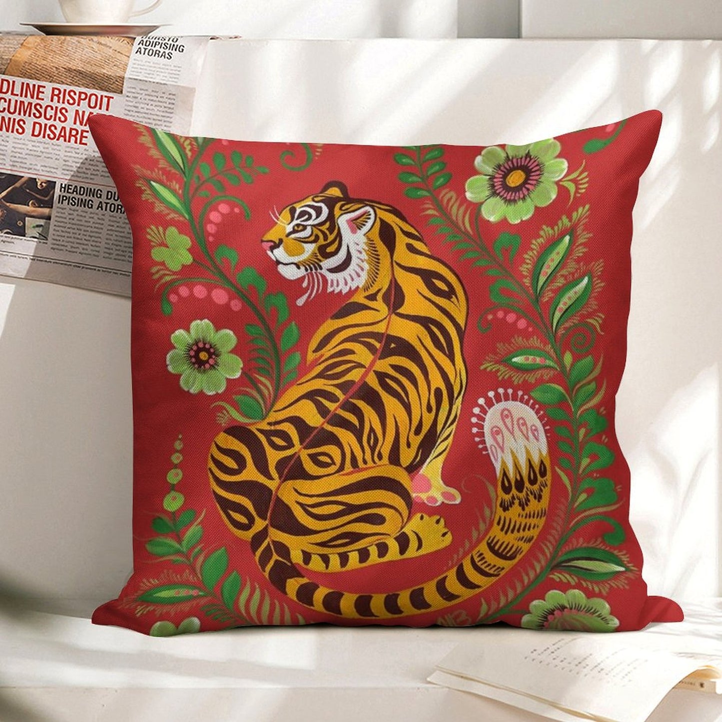 Tiger Folk Art Linen Throw Pillow Cover