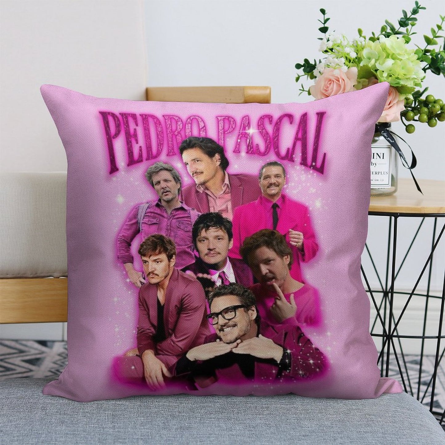 Pedro Pascal in Pink Linen Throw Pillow Cover