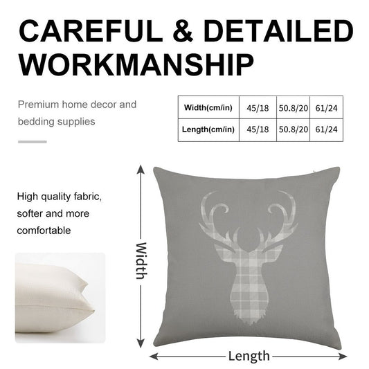 Grey Tartan Stag Head Linen Throw Pillow Cover