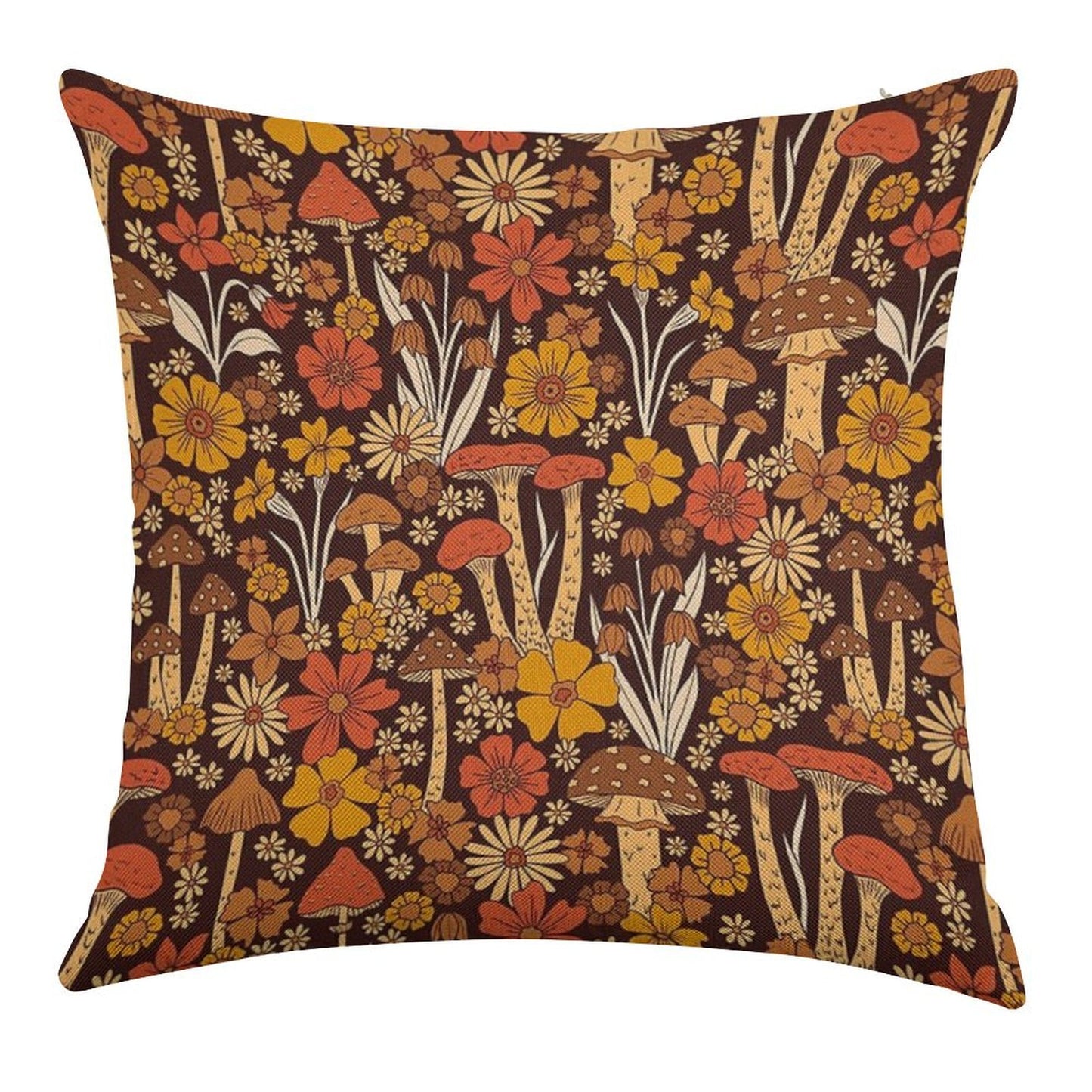 Retro 1970s Brown & Orange Mushrooms & Flowers Linen Throw Pillow Cover