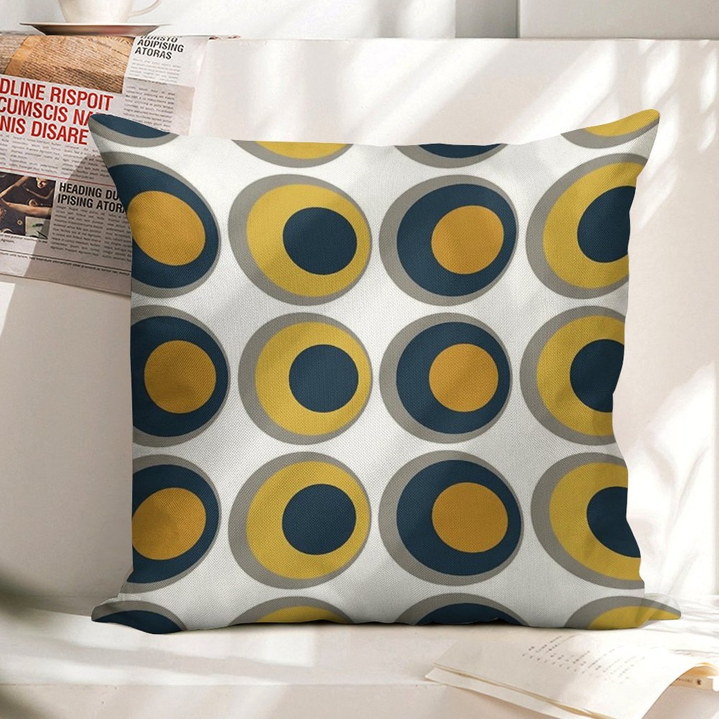 Double Dots Retro Pattern in Light And Dark Mustard Yellow, Navy Blue, Grey, And White Linen Throw Pillow Cover
