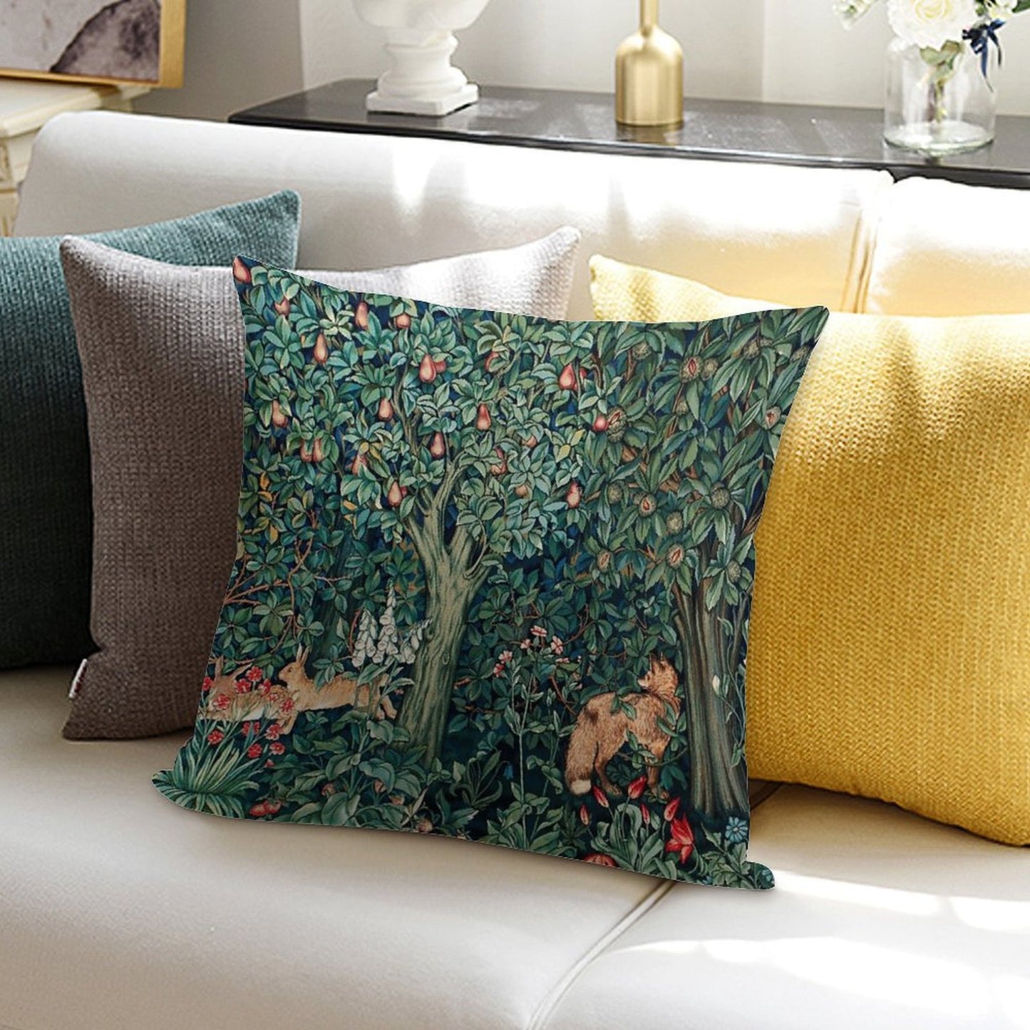 GREENERY, FOREST ANIMALS Fox And Hares Blue Green Floral Tapestry Soft Shrink-Resistant Throw Pillow