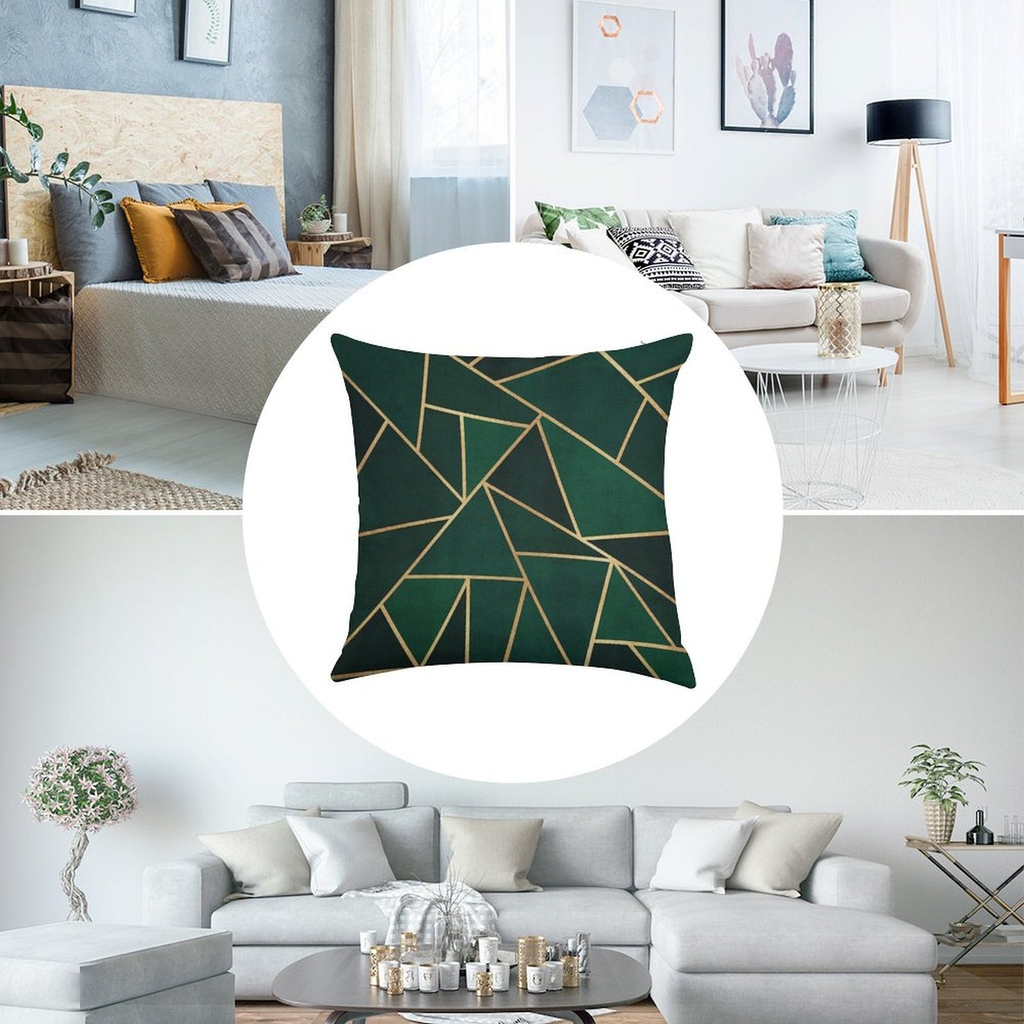 Green & Gold Pattern Linen Throw Pillow Cover