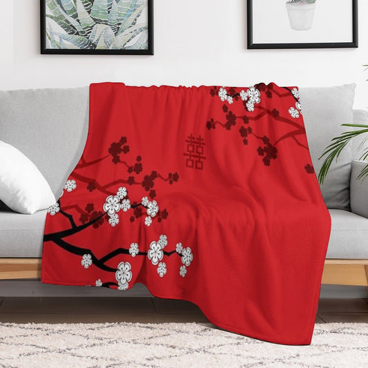 White Oriental Cherry Blossoms on Red And Chinese Wedding Double Happiness Japanese Sakura © Fatfatin Throw Blanket