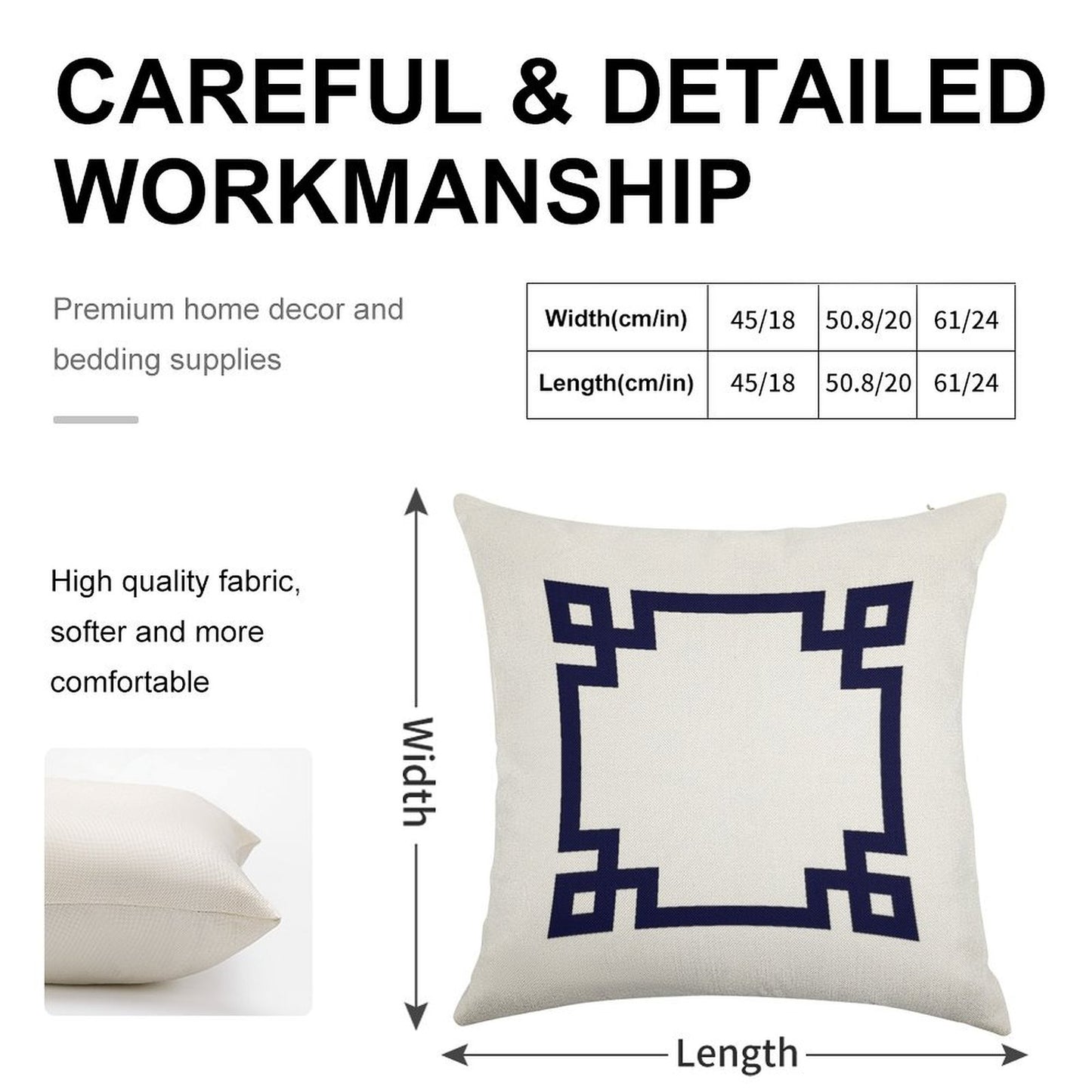 Navy Blue Greek Key Square On White Linen Throw Pillow Cover