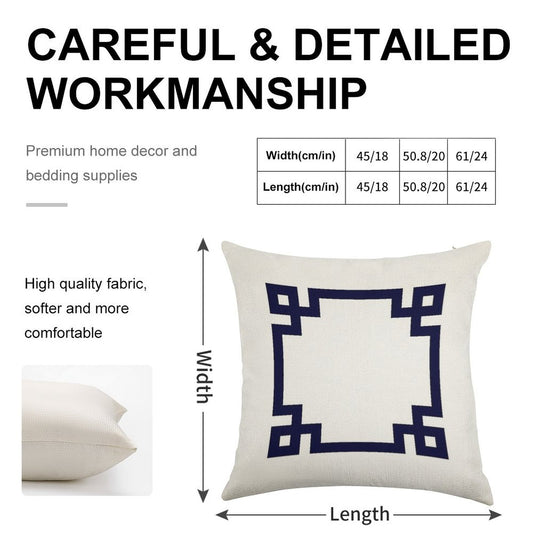 Navy Blue Greek Key Square On White Linen Throw Pillow Cover
