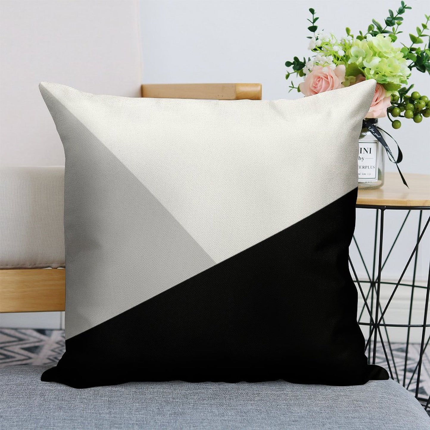 Monochromatic Black White Gray Color Block Linen Throw Pillow Cover