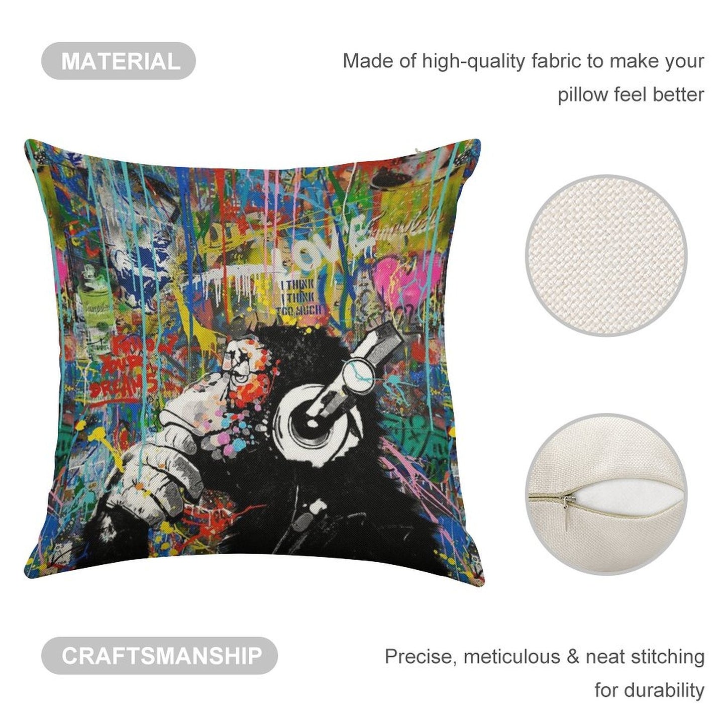 Monkey Thinker - Banksy Urban Contemporary Colorful Street Art - DJ Chimp Linen Throw Pillow Cover