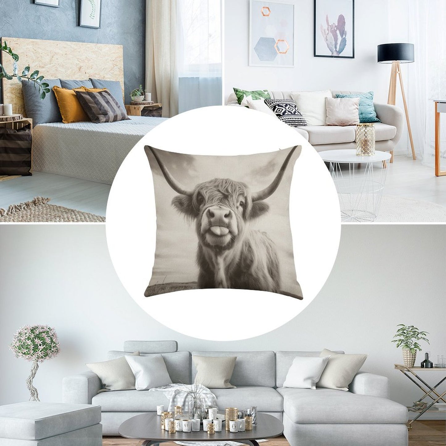 Cheeky Highland Cow Linen Throw Pillow Cover