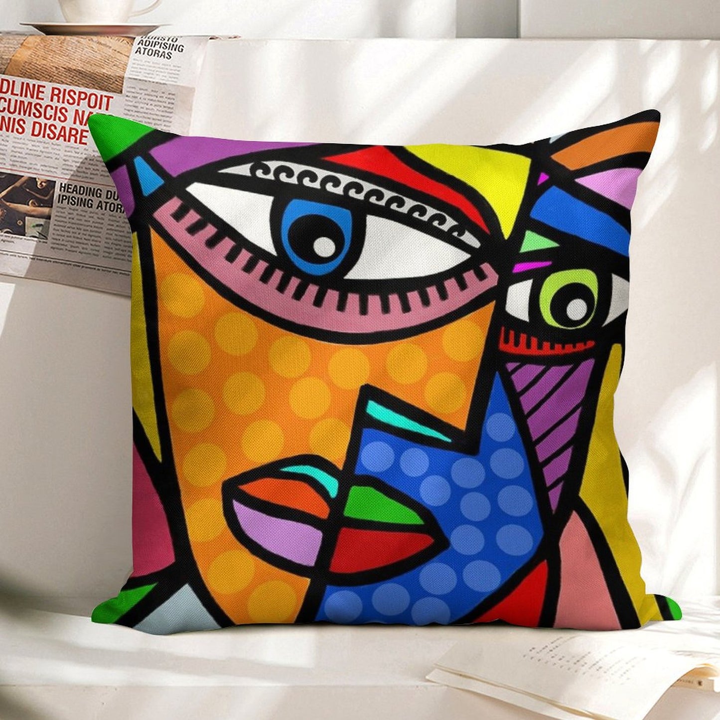 Funky Abstract Style Art Face with Dots And Stripes Linen Throw Pillow Cover