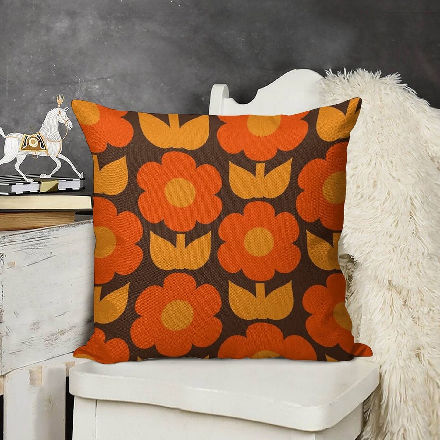 Jonnty Flowers Retro Floral Pattern in 70s Brown And Orange Linen Throw Pillow Cover