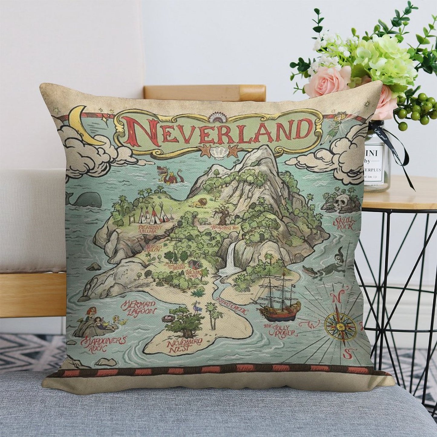 Neverland Map Linen Throw Pillow Cover
