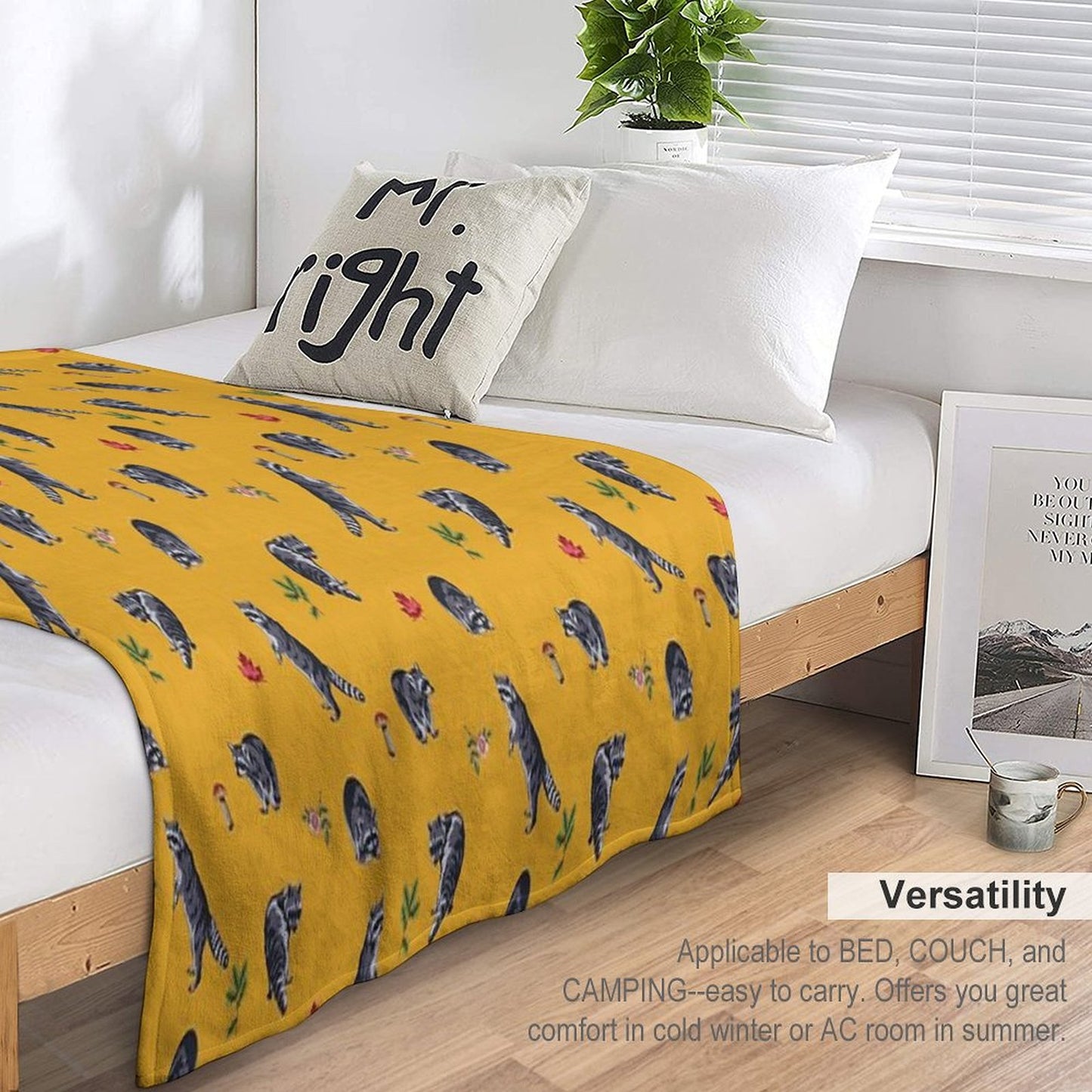Mustard Raccoon Pattern Throw Blanket