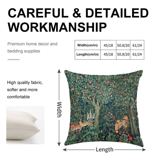 GREENERY, FOREST ANIMALS Fox And Hares Blue Green Floral Tapestry Linen Throw Pillow Cover