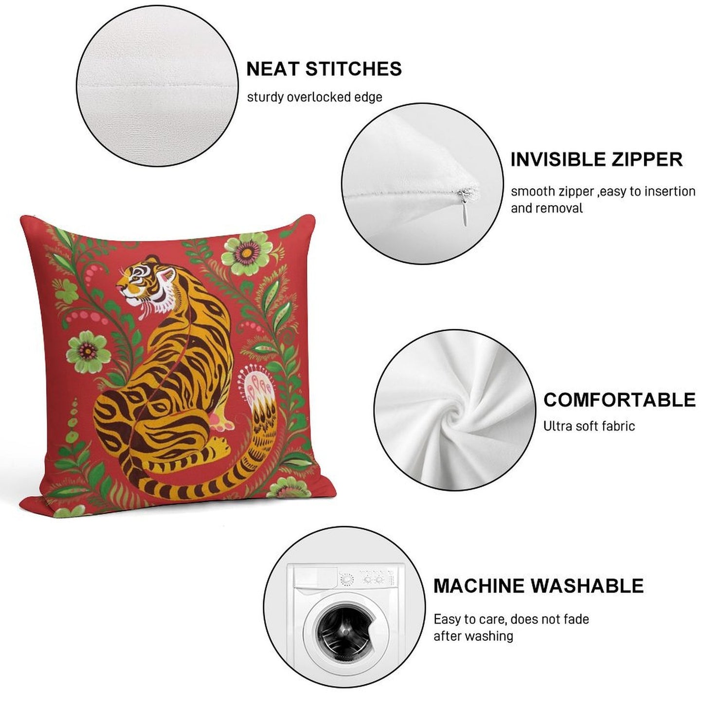 Tiger Folk Art Soft Skin-Friendly Throw Pillow