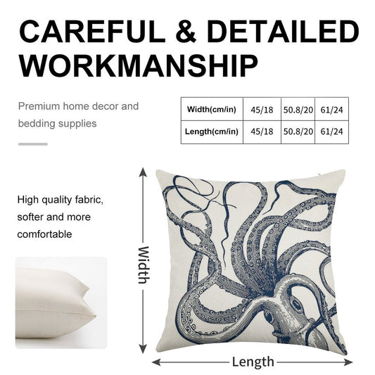 Navy Octopus Linen Throw Pillow Cover