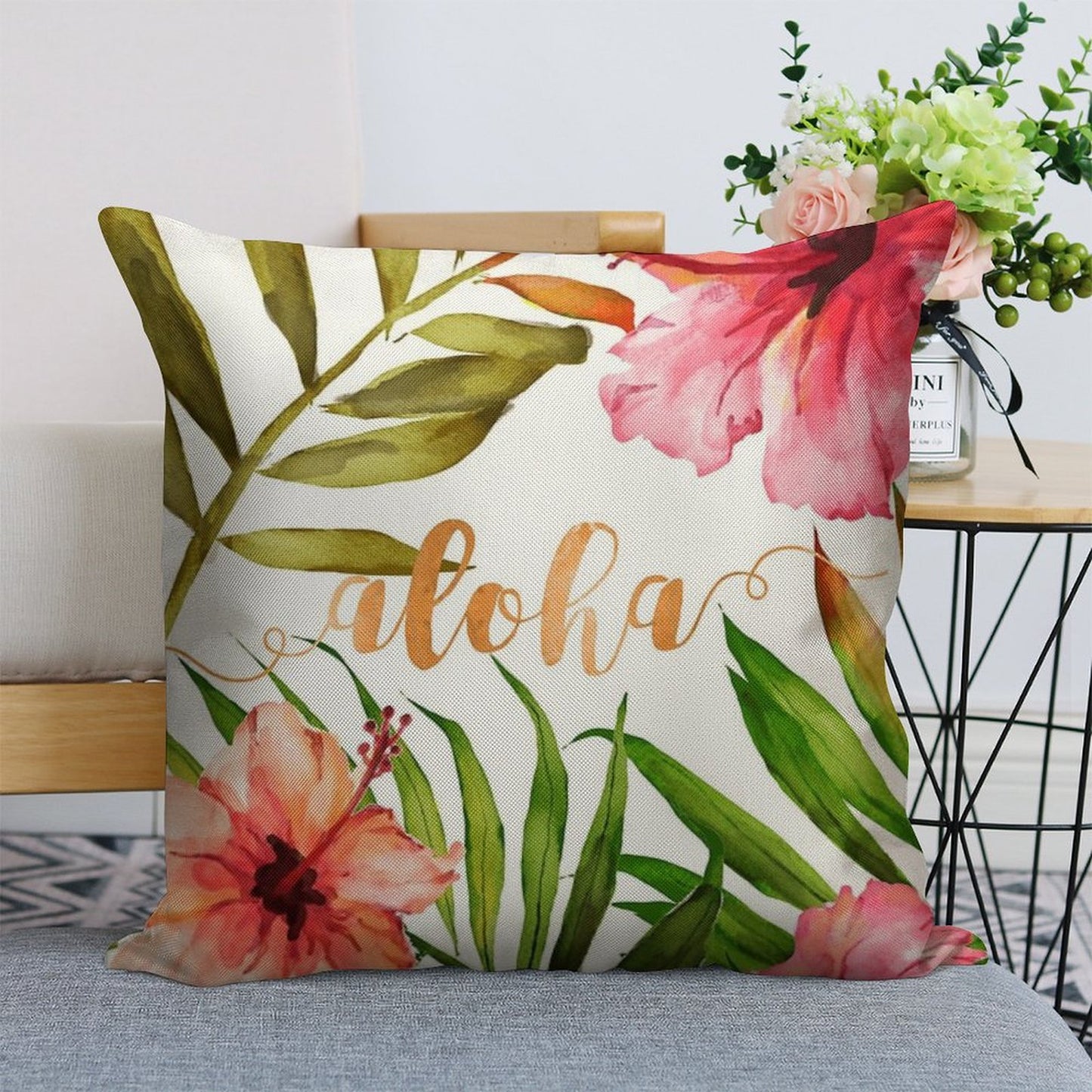 Aloha Tropical Hawaiian Floral Watercolor Linen Throw Pillow Cover