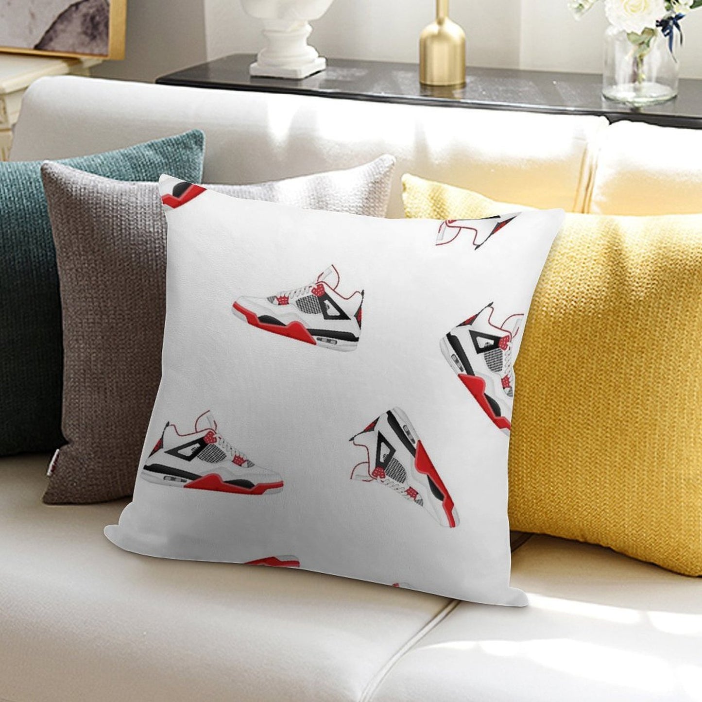 Jordan 4 X Fire Red Shoe Design Soft Durable Construction Throw Pillow