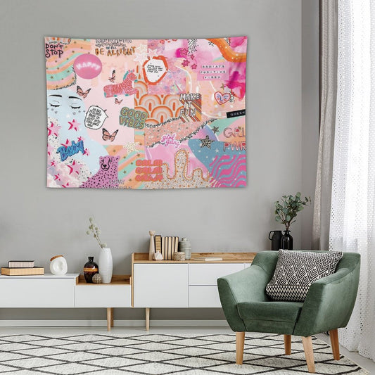 Pink And Blue Girl Power Collage Tapestry