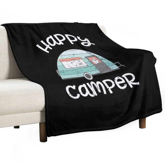 Happy Camper Retro Trailer RV Caravan Camping Throw Blanket