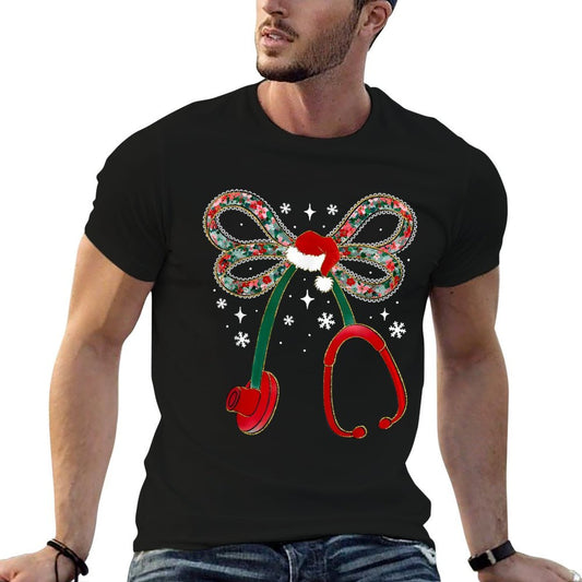 Stethoscope Nurse Coquette Bow Christmas Xmas Pajama Holiday Cotton T-Shirt