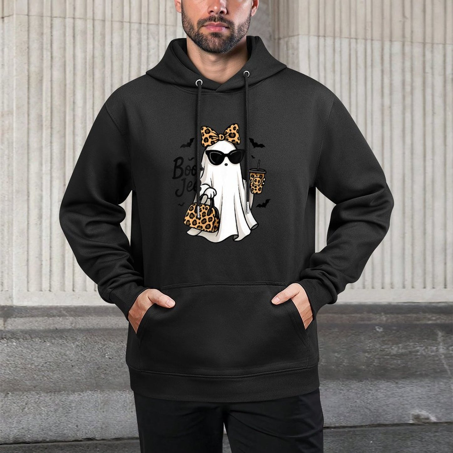 Womens Boo JEE Ghost with Coffee Coquette Bow Halloween Women Girl Colorfast Hoodie