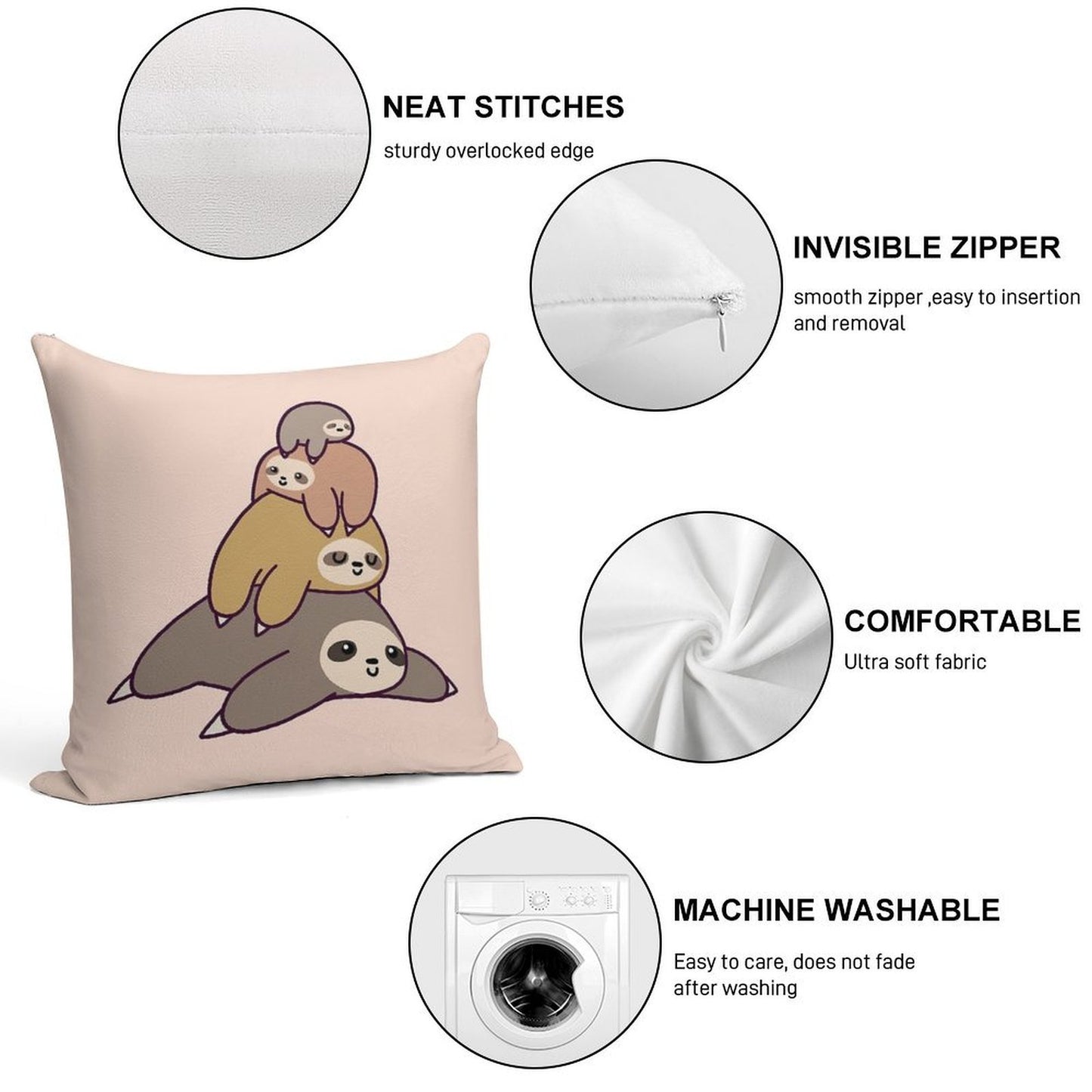 Sloth Stack Soft Short Plush Fabric Throw Pillow