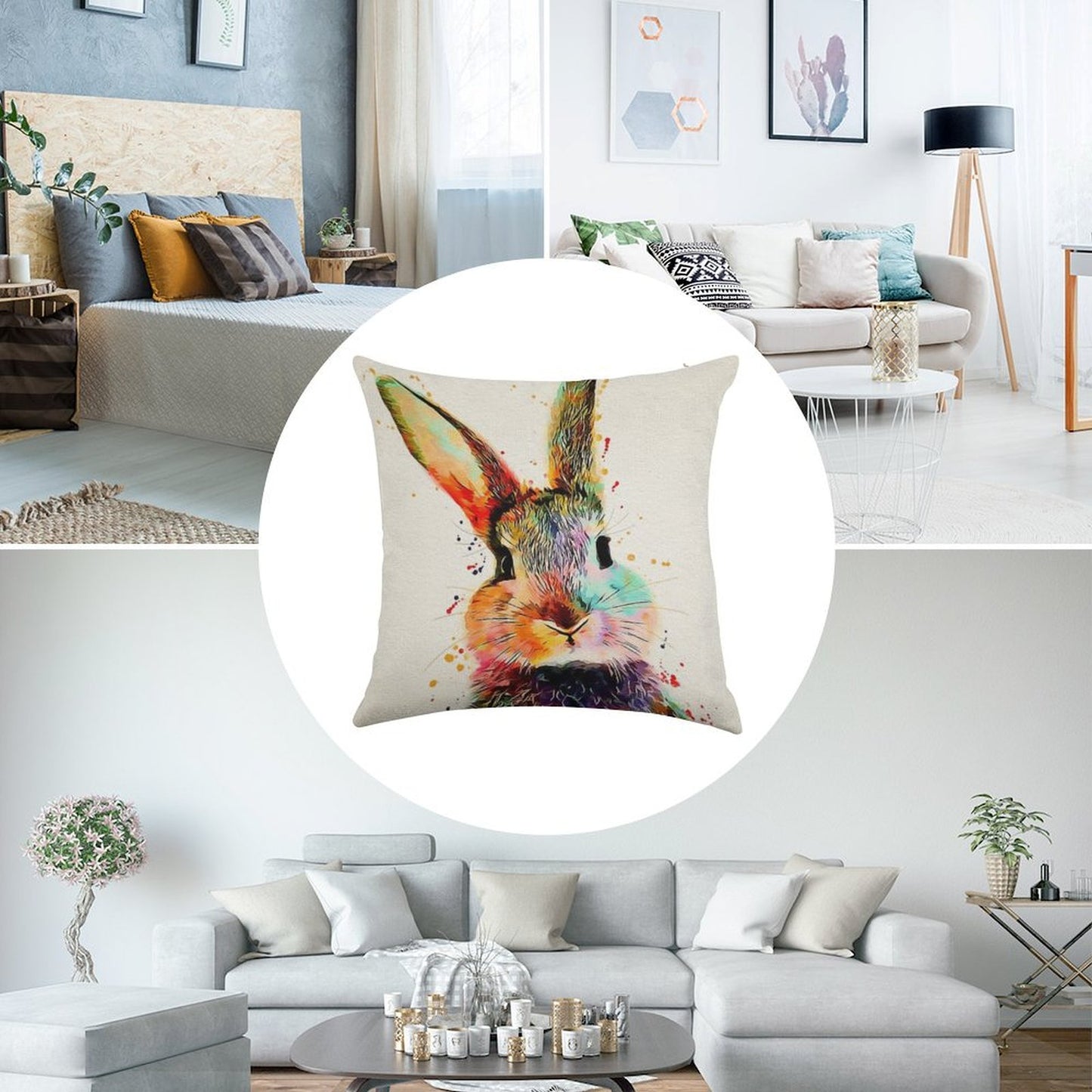 Rabbit Watercolor Art Work Linen Throw Pillow Cover