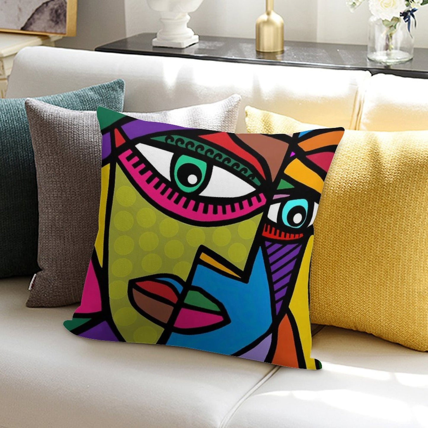 Funky Abstract Art Face with Dots And Stripes Soft Hidden Zipper Throw Pillow