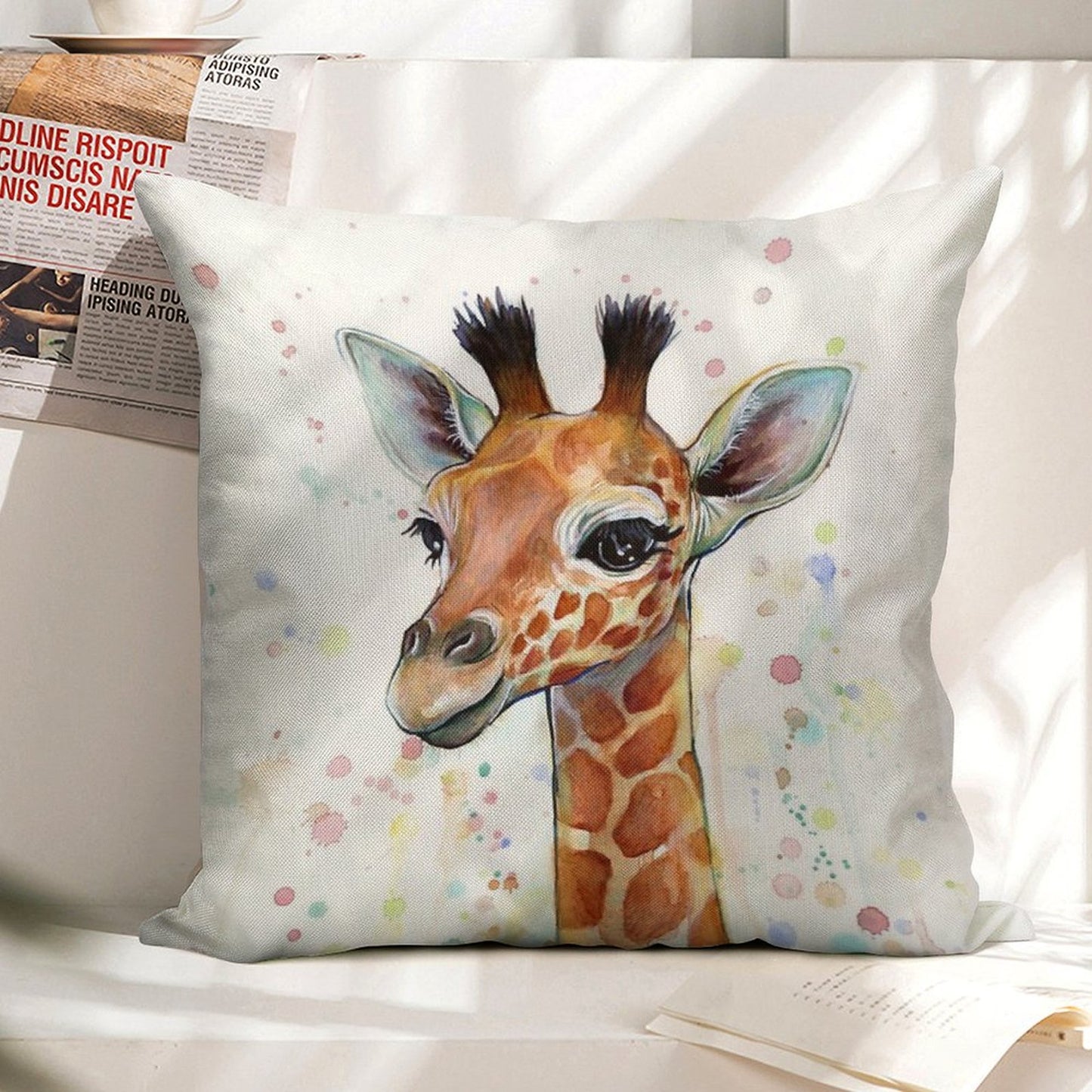 Baby Giraffe Watercolor Painting, Nursery Art Linen Throw Pillow Cover