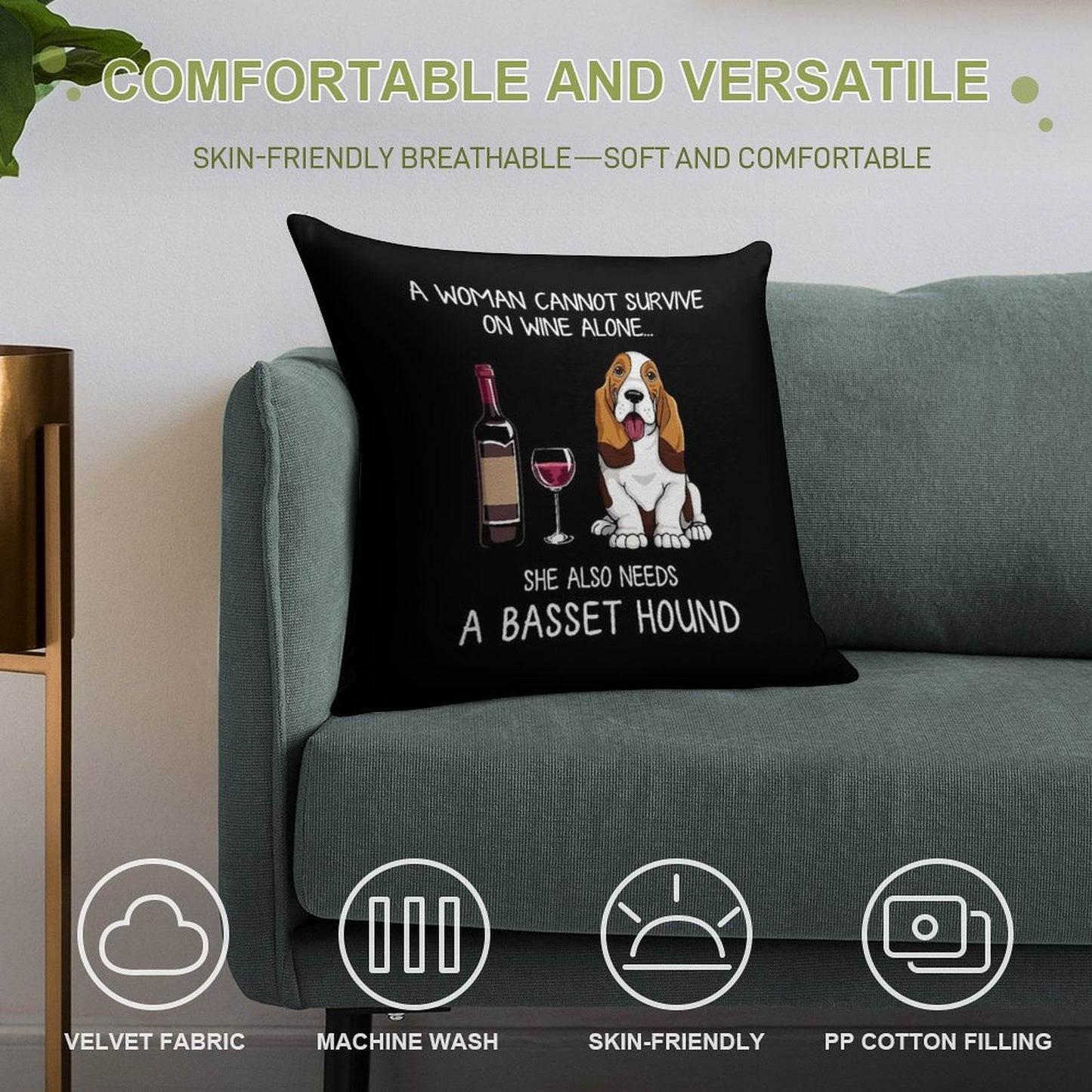 Basset Hound And Wine Funny Dog Soft Fade-Resistant Throw Pillow